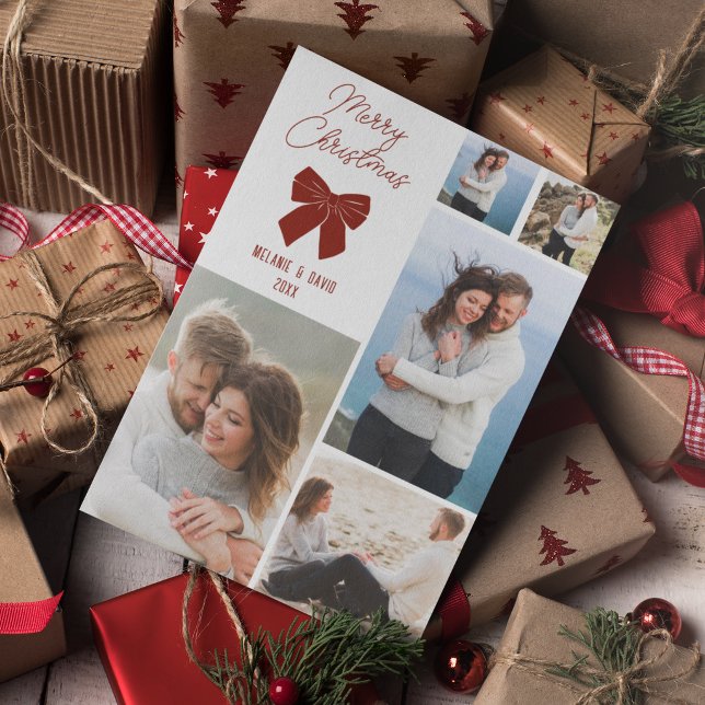 Red Bow Modern Photo Collage Holiday Card (Creator Uploaded)