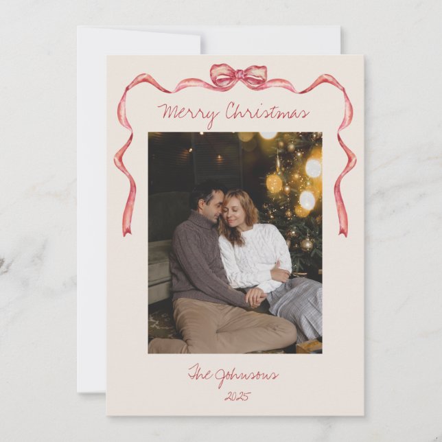 Red Bow Neutral Minimalist Holiday Christmas Card (Front)