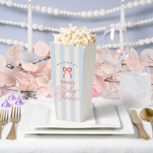 Red Bow & Pale Blue Stripes Baby Shower Popcorn Favour Box