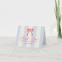 Red Bow & Pale Blue Stripes Baby Shower Thank You