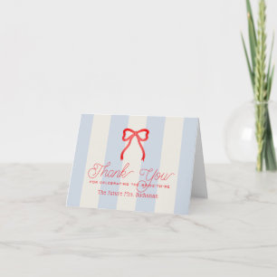Red Bow Pale Blue Stripes Bridal Shower Thank You Card