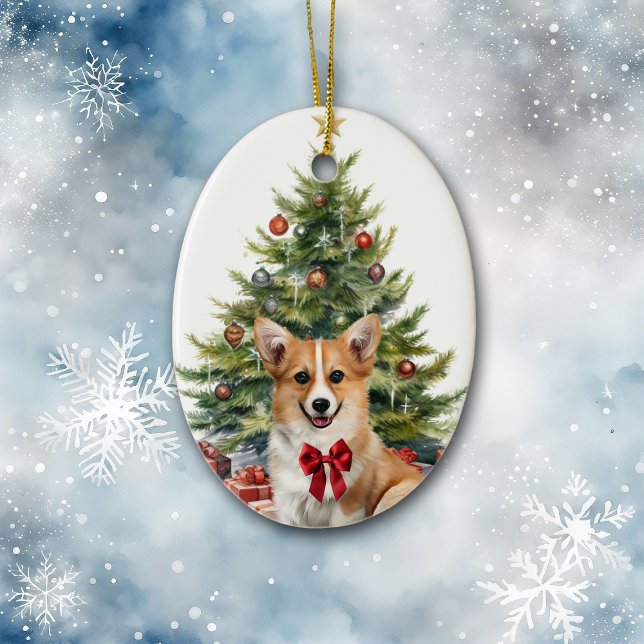 Red Bow Pembroke Welsh Corgi Dog Christmas Ceramic Tree Decoration (Creator Uploaded)