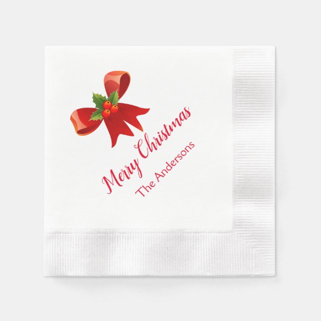 Red Bow Personalised Christmas Party Napkins (Front)