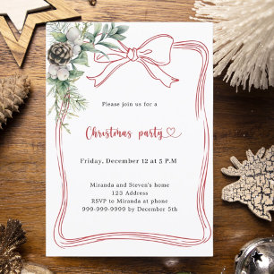 Red bow pine greenery Christmas Party Invitation