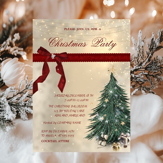  Red Bow,Pine Tree,Stars Corporate Christmas Party Invitation (Creator Uploaded)