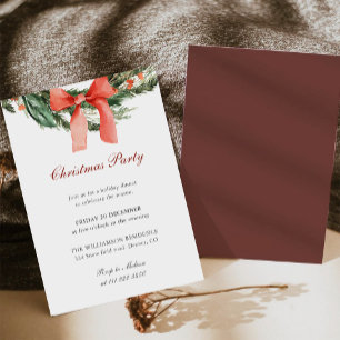 Red Bow Pine Wreath Christmas Party Invitation