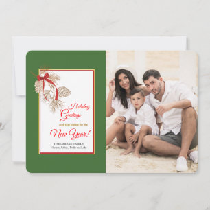 Red Bow Pinecones Photo Holiday Card