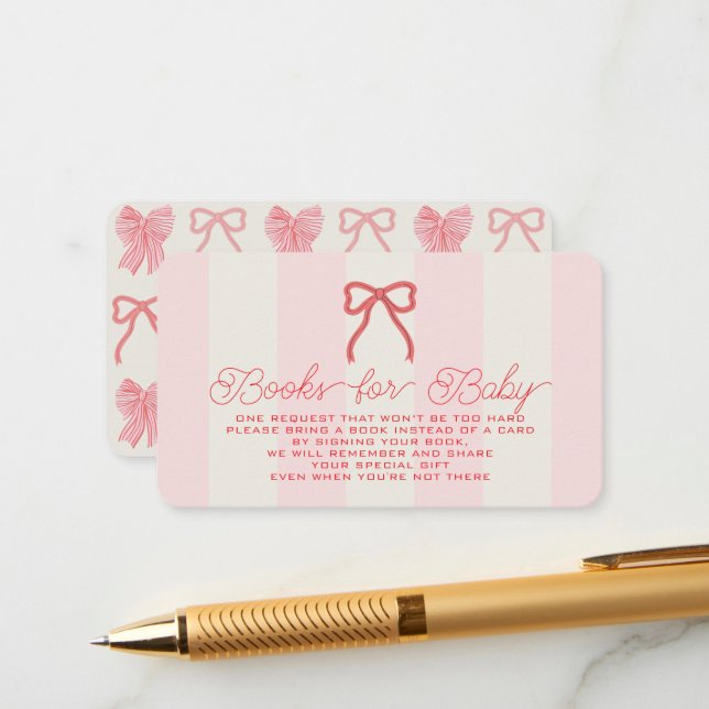 Red Bow & Pink Stripes Baby Shower Book Request Enclosure Card (Front/Back In Situ)