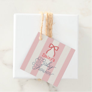 Red Bow & Pink Stripes Baby Shower Favour Tags