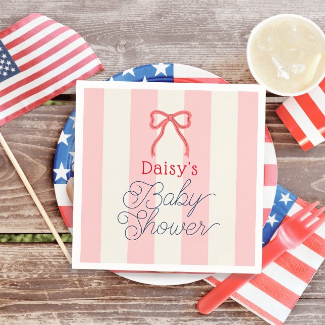 Red Bow & Pink Stripes Baby Shower Napkin (Creator Uploaded)