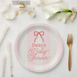 Red Bow & Pink Stripes Baby Shower Paper Plate
