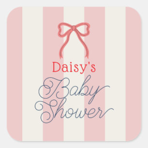 Red Bow & Pink Stripes Baby Shower Square Sticker