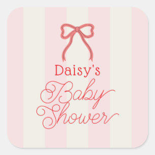 Red Bow & Pink Stripes Baby Shower Square Sticker
