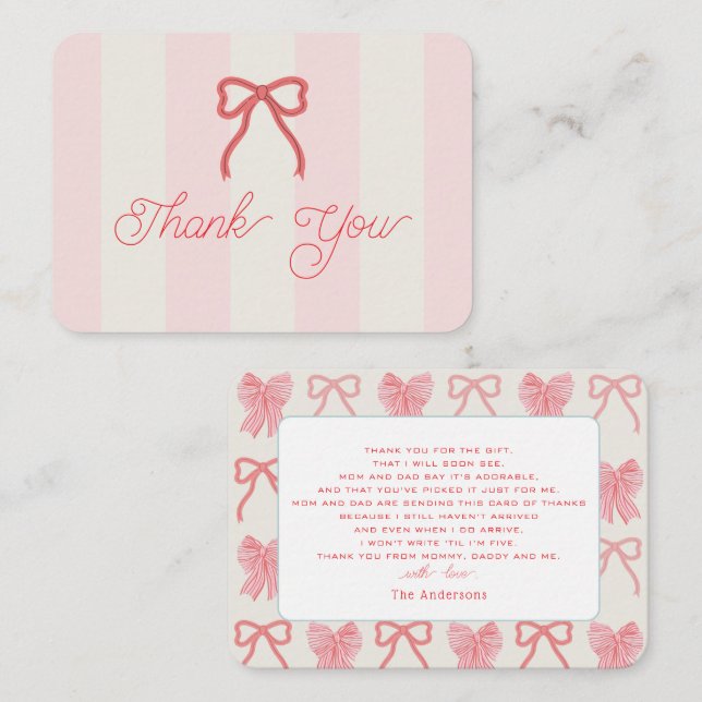 Red Bow & Pink Stripes Baby Shower Thank You Card (Front/Back)