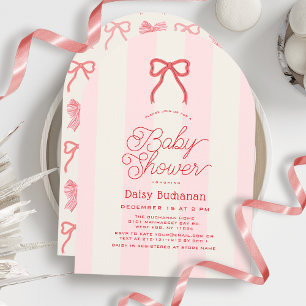 Red Bow & Pink Stripes Girl Baby Shower Invitation