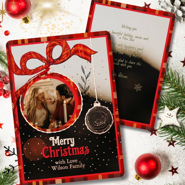 Red Bow Plaid & Gold Foil Single Photo Christmas (Red Bow Plaid & Gold Foil Single Photo Christmas Foil Holiday Card)