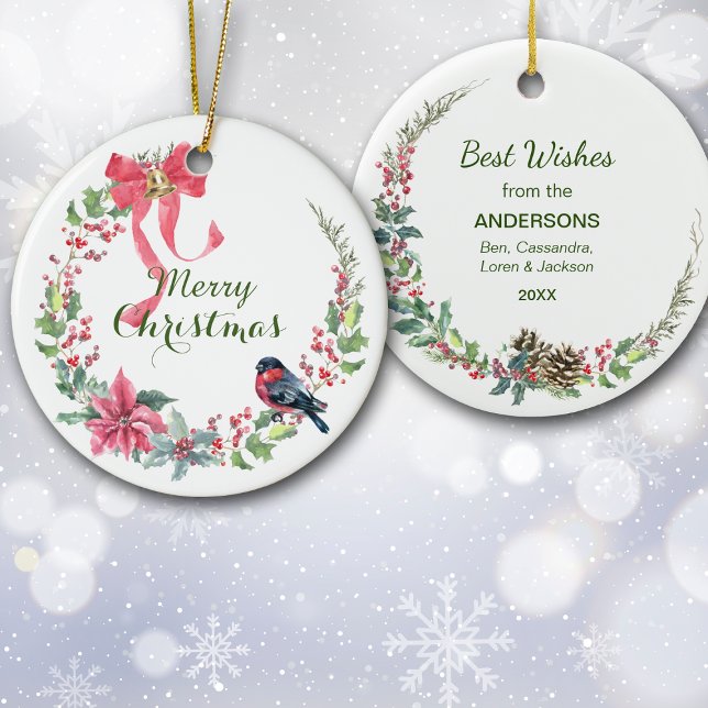 Red Bow Poinsettia Bird Holiday Wreath Ceramic Tree Decoration (Creator Uploaded)