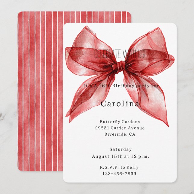 Red Bow Ribbon 16th Birthday (or any year) Invitation (Front/Back)