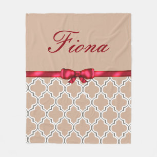 Red Bow Ribbon and White Quatrefoils Monogram Fleece Blanket
