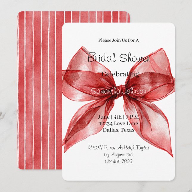 Red Bow Ribbon Bridal Shower Invitation (Front/Back)
