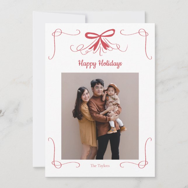 Red Bow Ribbon Christmas Holiday Photo Card (Front)