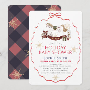 Red Bow Rocking Horse Christmas Baby Shower Invitation