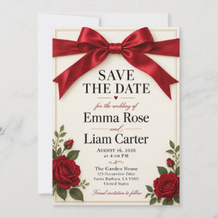 Red Bow Rose Gold Border Save the Date Invitation