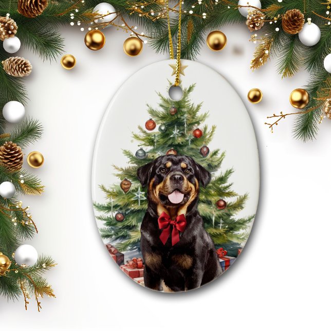 Red Bow Rottweiler Dog Christmas Ceramic Tree Decoration (Creator Uploaded)