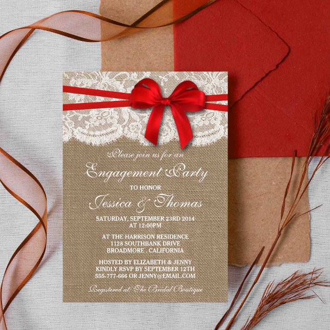Red Bow Rustic Burlap & Lace Engagement Party Invitation (Creator Uploaded)