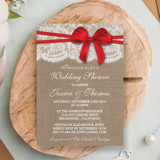 Red Bow Rustic Burlap & Lace Wedding Shower Invitation (Creator Uploaded)