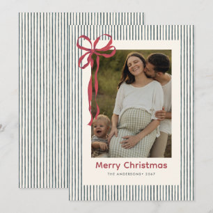 Red Bow & Sage Green Stripes Christmas 1 Photo Holiday Card