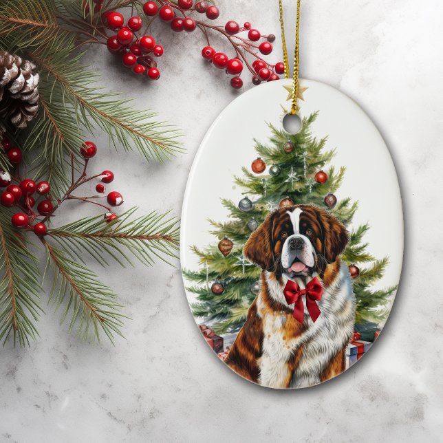 Red Bow Saint Bernard Dog Christmas Ceramic Tree Decoration (Creator Uploaded)