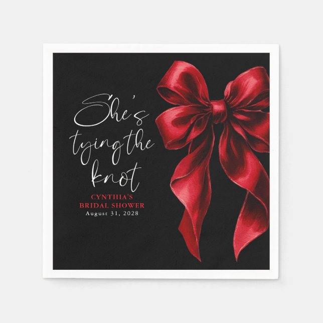 Red Bow She's Tying the Knot Black Bridal Shower Napkin (Front)