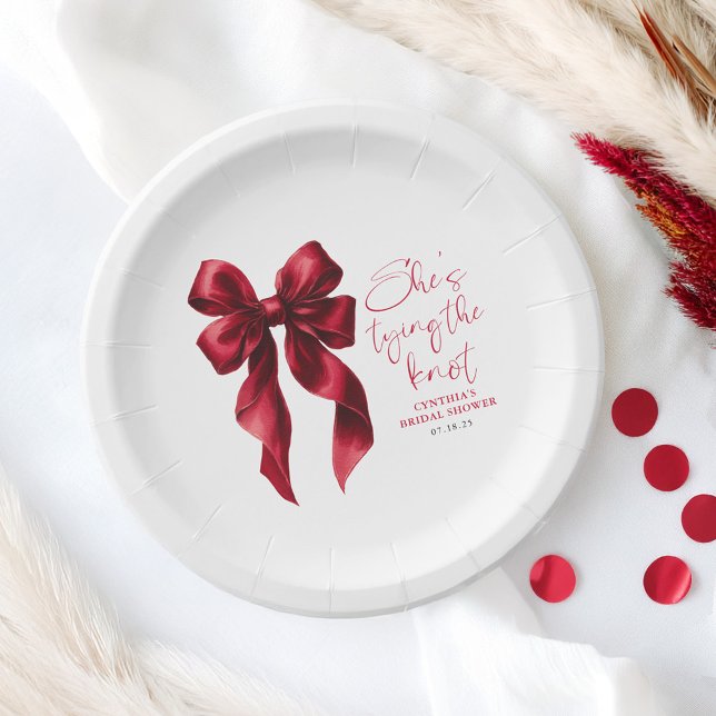 Red Bow She's Tying the Knot Bridal Shower Paper Plate (Red Bow Paper Plates)