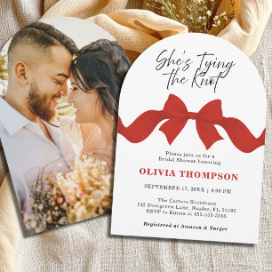 Red Bow She's Tying the Knot Photo Bridal Shower Invitation