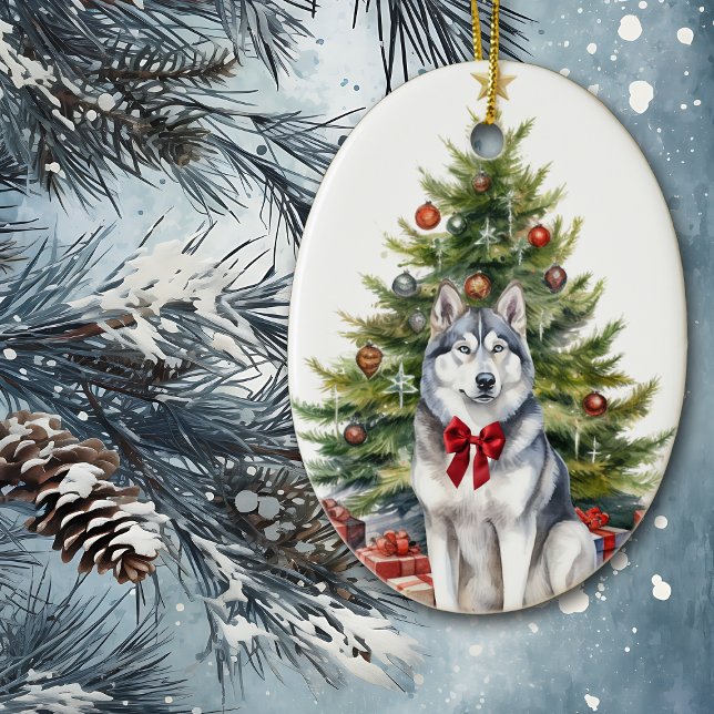 Red Bow Siberian Husky Christmas Ceramic Tree Decoration (Creator Uploaded)