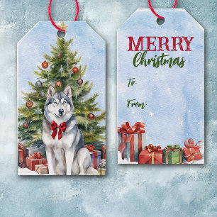 Red Bow Siberian Husky Dog Christmas Tree Gift Tags