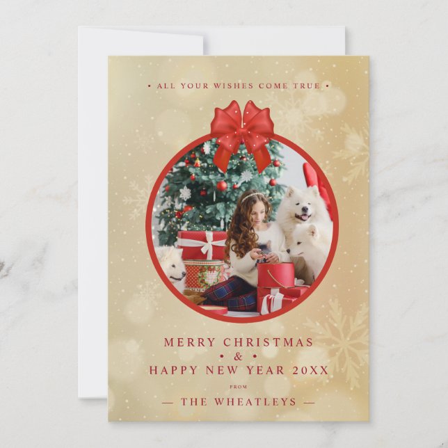 Red Bow Snowflakes Christmas Round Family Photo (Front)