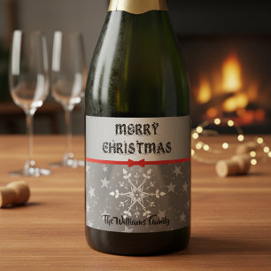 Red Bow & Snowflakes Christmas Sparkling Wine Label