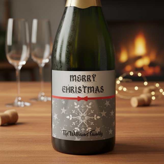 Red Bow & Snowflakes Christmas Sparkling Wine Label (Creator Uploaded)