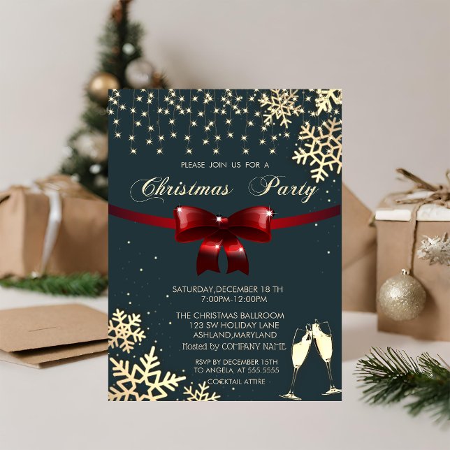 Red Bow,Snowflakes,Glasses,Black Company Christmas Invitation (Creator Uploaded)