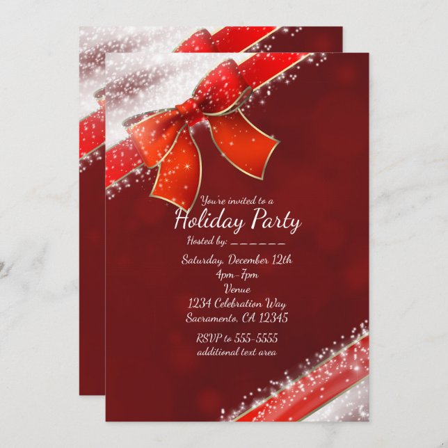 Red Bow & Sparkles Christmas Holiday Invitations (Front/Back)