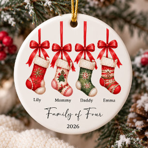 Red Bow Stockings Family of Four Christmas Ceramic Tree Decoration