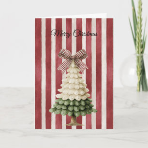 Red Bow Stripes Christmas Green Cream Tree Card