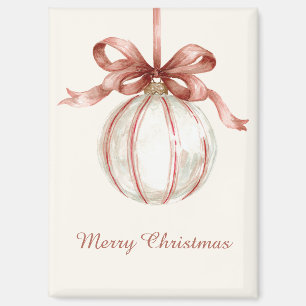 Red Bow Stripes Ivory White Christmas Ornament Magnet