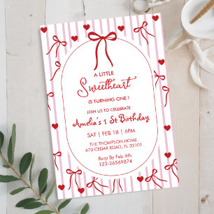 Red bow Sweetheart Valentine's Day 1st Birthday  Invitation