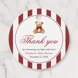 Red Bow Teddy Bear We Can Bearly Wait Baby Shower Favour Tags