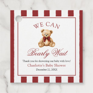 Red Bow Teddy Bear We Can Bearly Wait Baby Shower Favour Tags