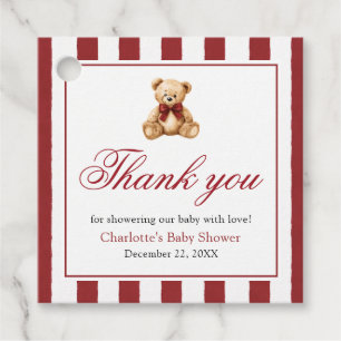 Red Bow Teddy Bear We Can Bearly Wait Baby Shower Favour Tags