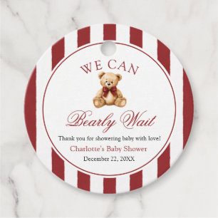 Red Bow Teddy Bear We Can Bearly Wait Baby Shower Favour Tags